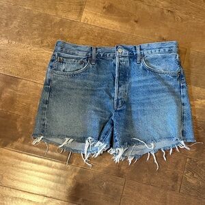 Agolde Long Parker Classic Blue Frayed Jean Shorts